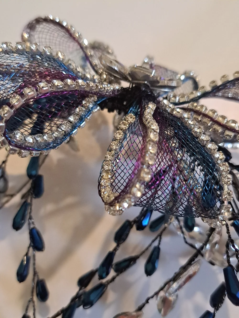 Goth Bride Headband Purple Mesh Crystal Blue-Black Rhinestones